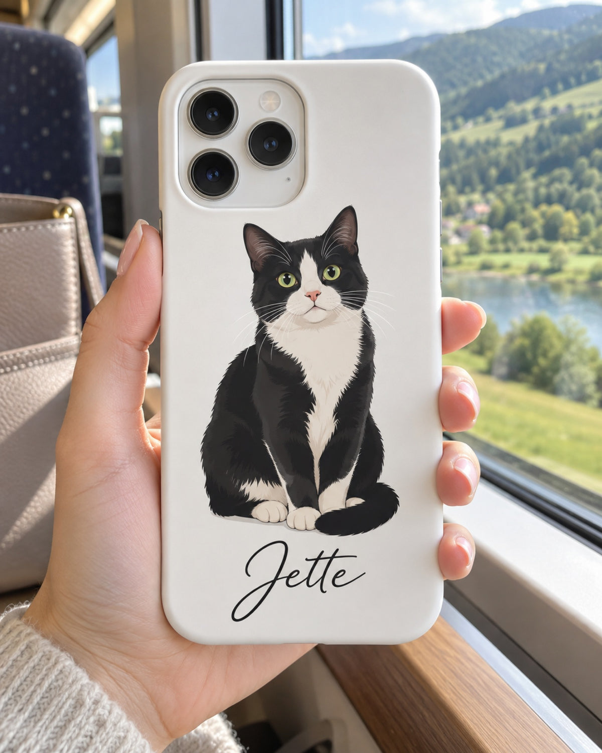 iPhone-Hülle mit schwarz-weißer Katze im Cartoon-Stil und Namen Jette