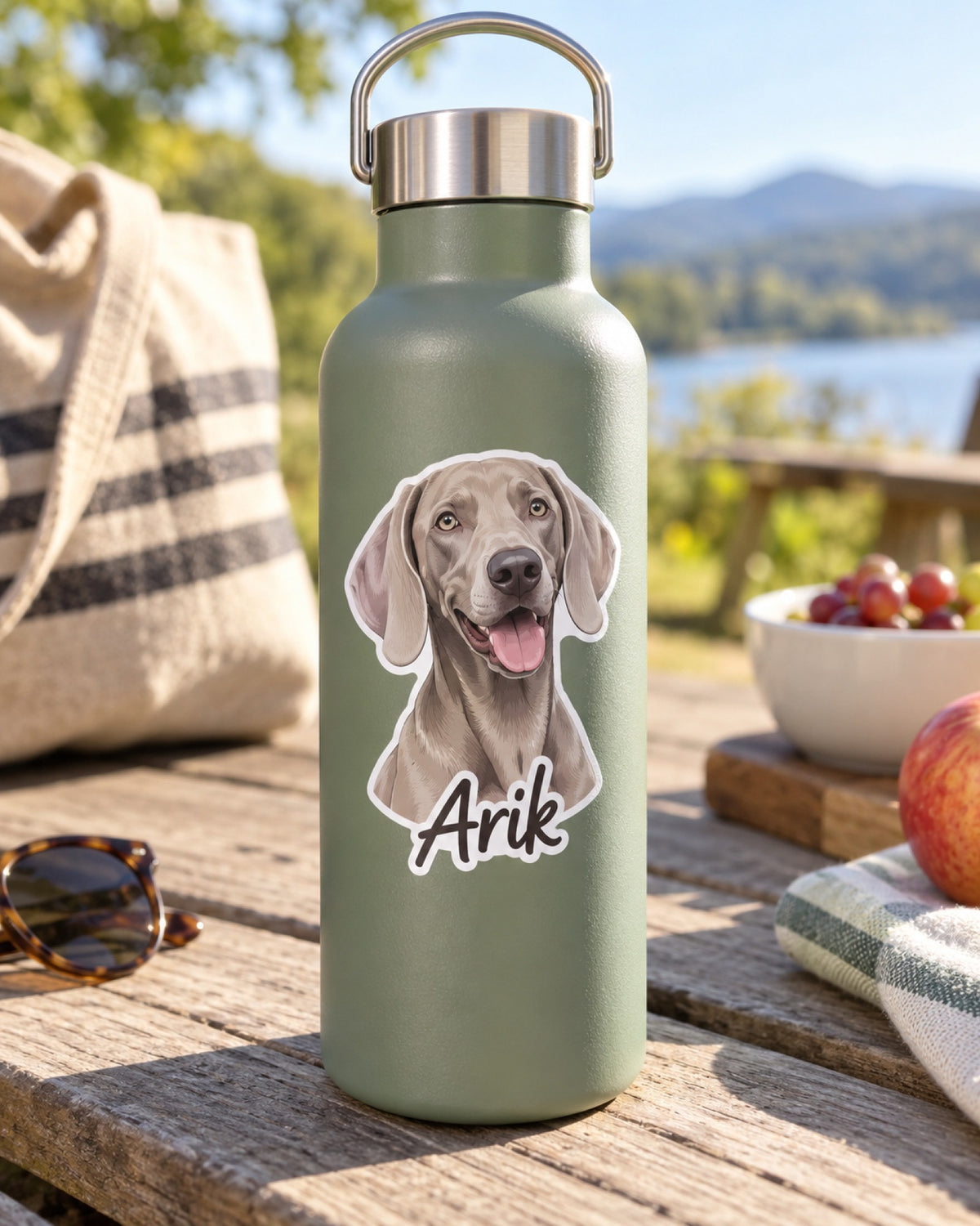 Sticker mit Weimaraner-Portrait und Namen Arik auf einer Trinkflasche am See