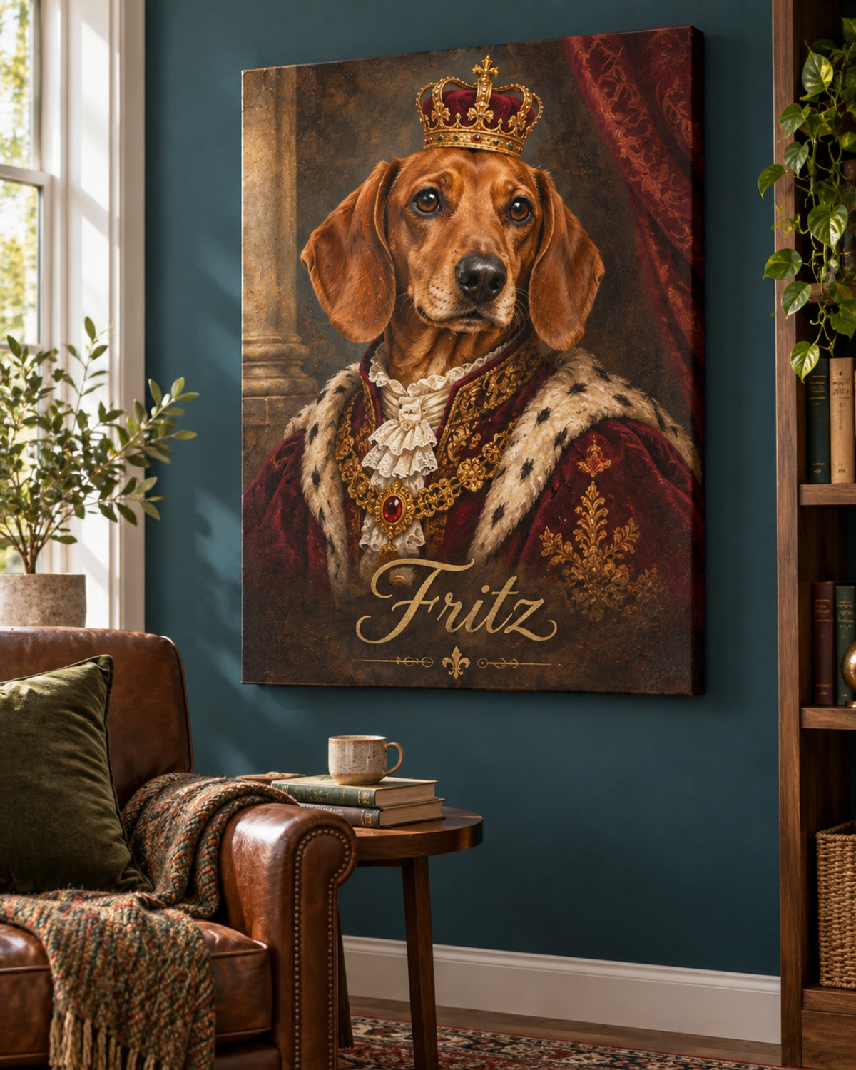 Leinwand mit rotem Kurzhaardackel im Royal-Stil mit Krone und Namen Fritz an der Wohnzimmerwand