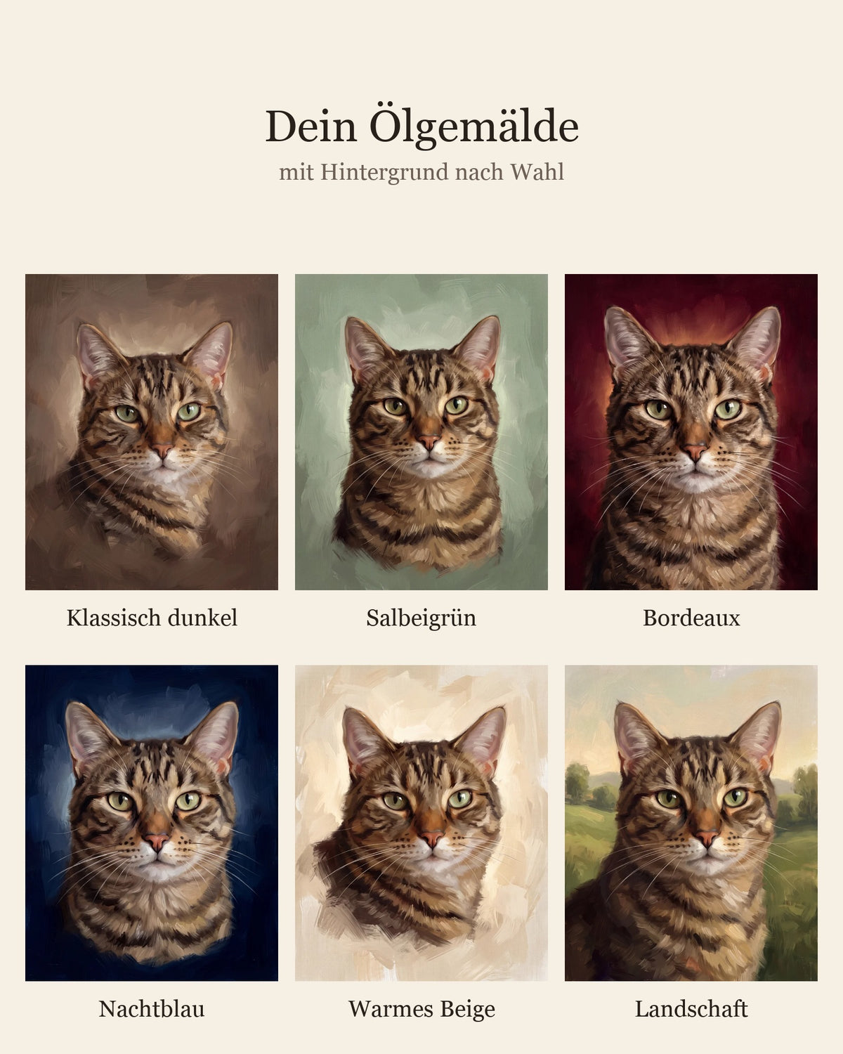 Ölgemälde einer Katze in sechs wählbaren Hintergründen: Klassisch dunkel, Salbeigrün, Bordeaux, Nachtblau, Warmes Beige und Landschaft