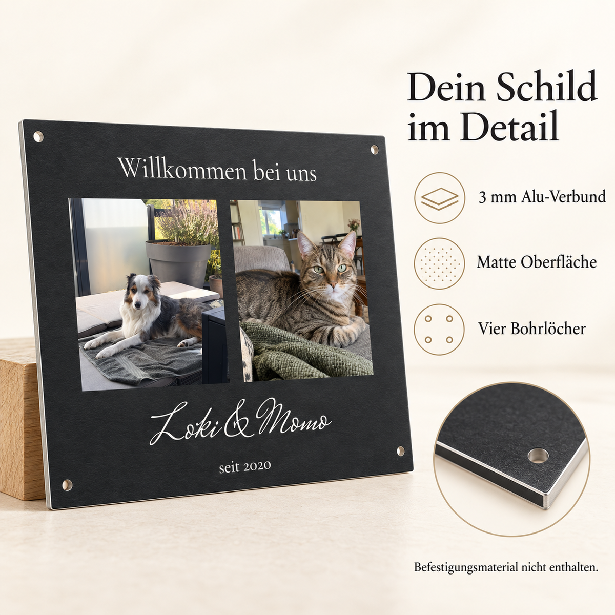 Materialdetails: matte 3 mm Alu-Verbundplatte mit vier Bohrlöchern