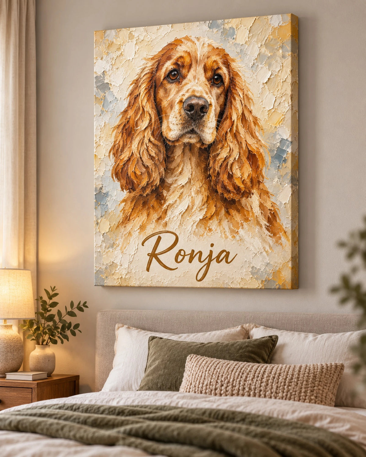 Hundeportrait auf Leinwand, Cocker Spaniel im Ölgemälde-Stil mit Namen Ronja, über dem Bett im Schlafzimmer