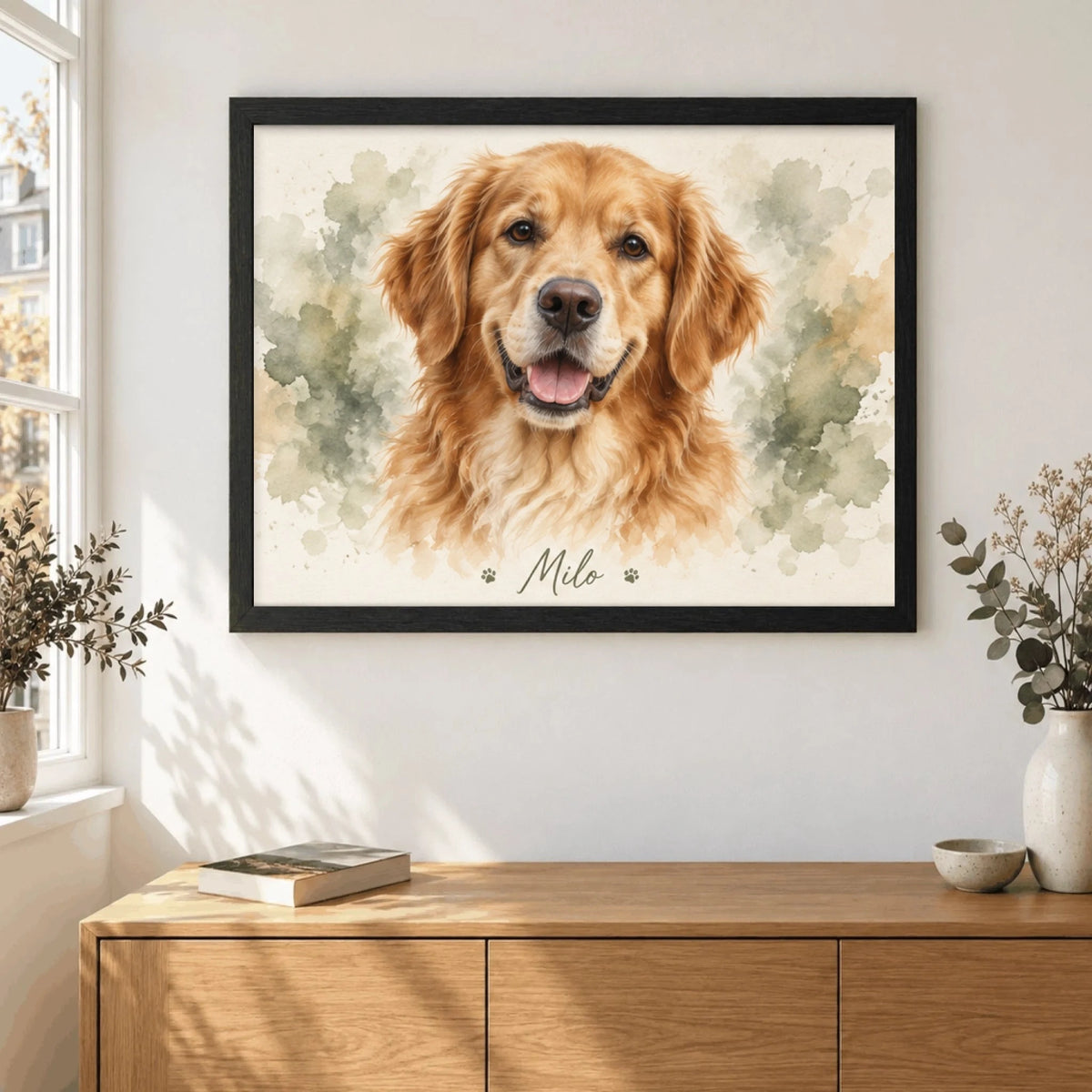 Hundeportrait im Querformat im schwarzen Holzrahmen: Golden Retriever im Aquarellstil mit Namen