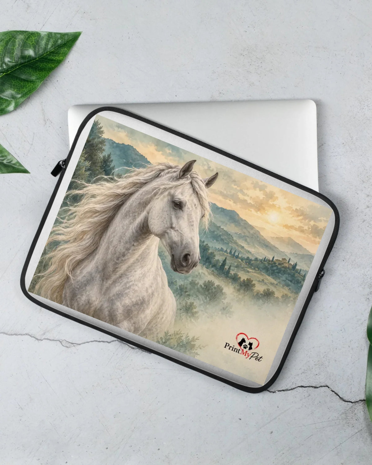 Laptophülle mit Schimmel im Aquarell-Stil auf hellem Stein neben einem Laptop