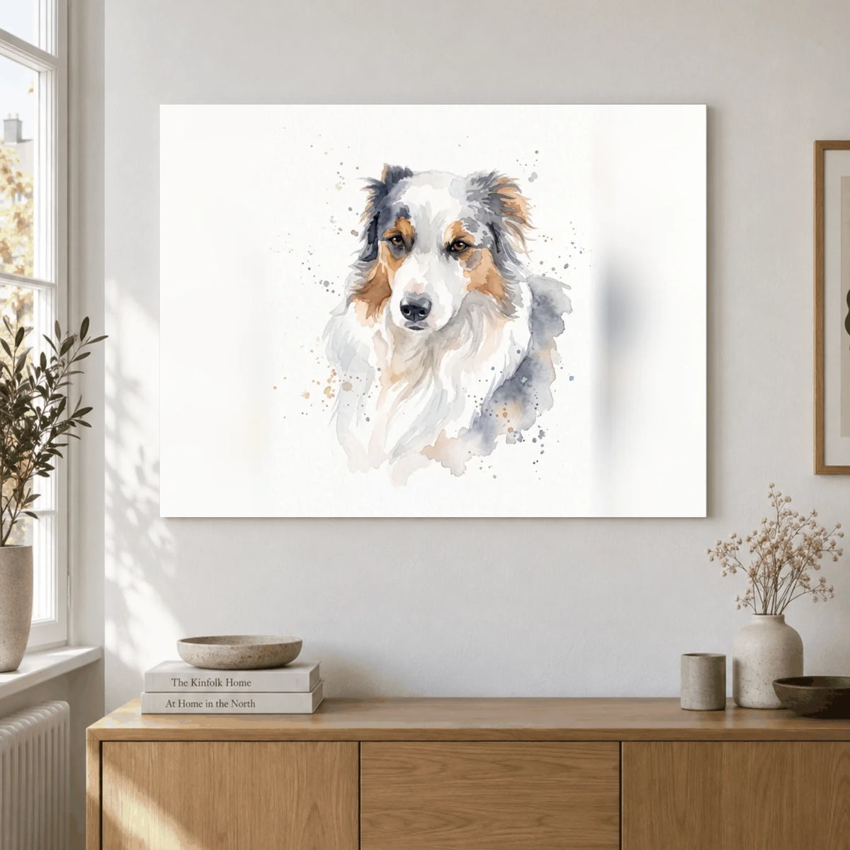 Du und dein Tier als Portrait, Beispielbild: Hundeportrait im Aquarellstil als Poster im Querformat über einem Sideboard