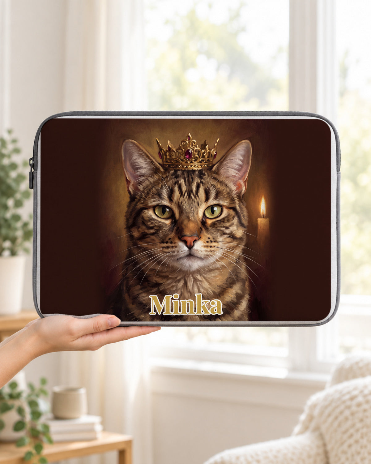 Laptophülle mit Katzenportrait im Royal-Stil und Namen Minka in der Hand