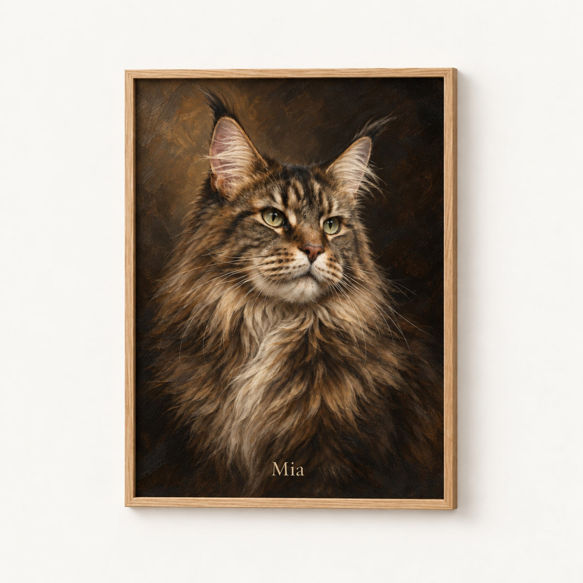 Katzenportrait – Poster im Holzrahmen – Ölgemälde, Maine Coon