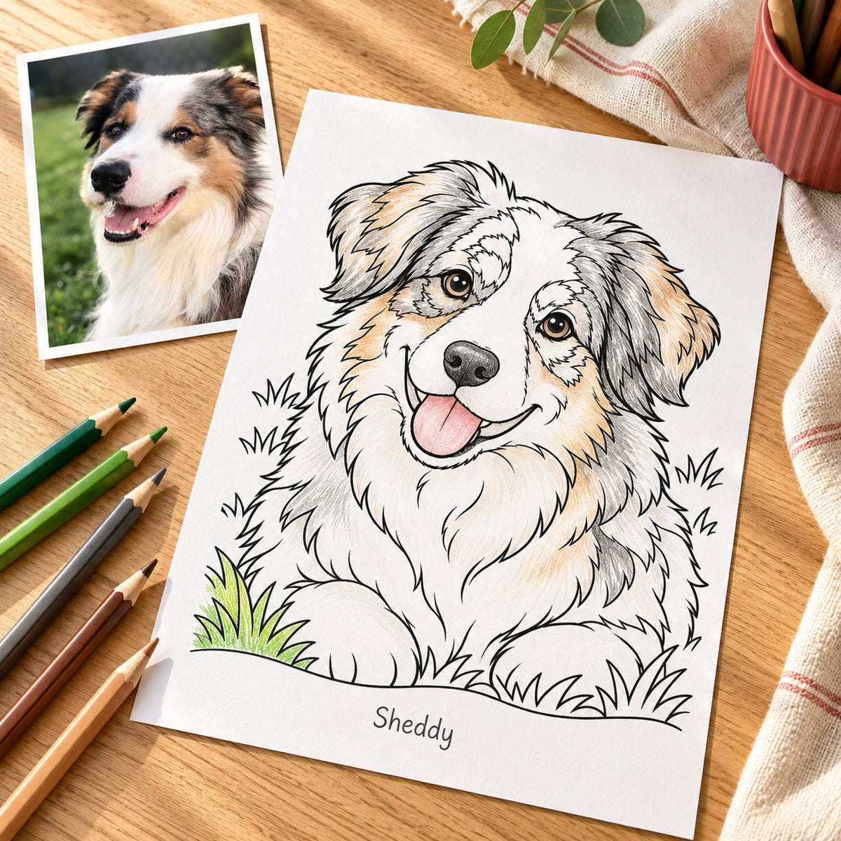 Ausmalbild eines Australian Shepherds auf dem Tisch, zum Teil mit Buntstiften koloriert, daneben das Foto des Hundes und Buntstifte