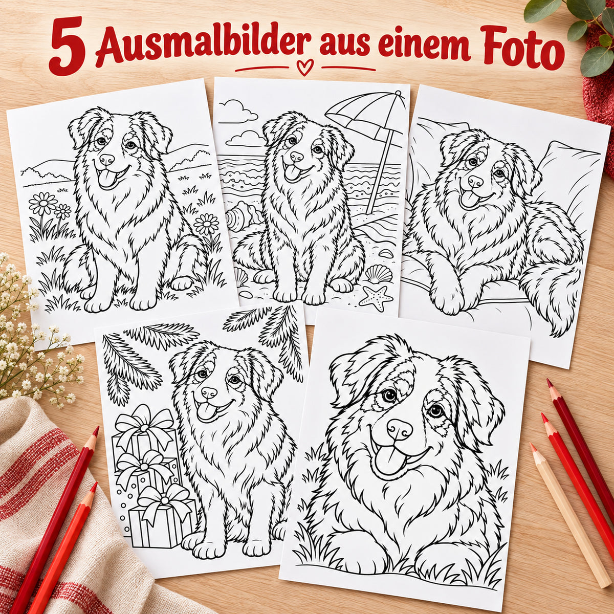Fünf Ausmalbilder aus einem Foto: derselbe Hund auf der Wiese, am Strand, auf dem Sofa, an Weihnachten und als Porträt