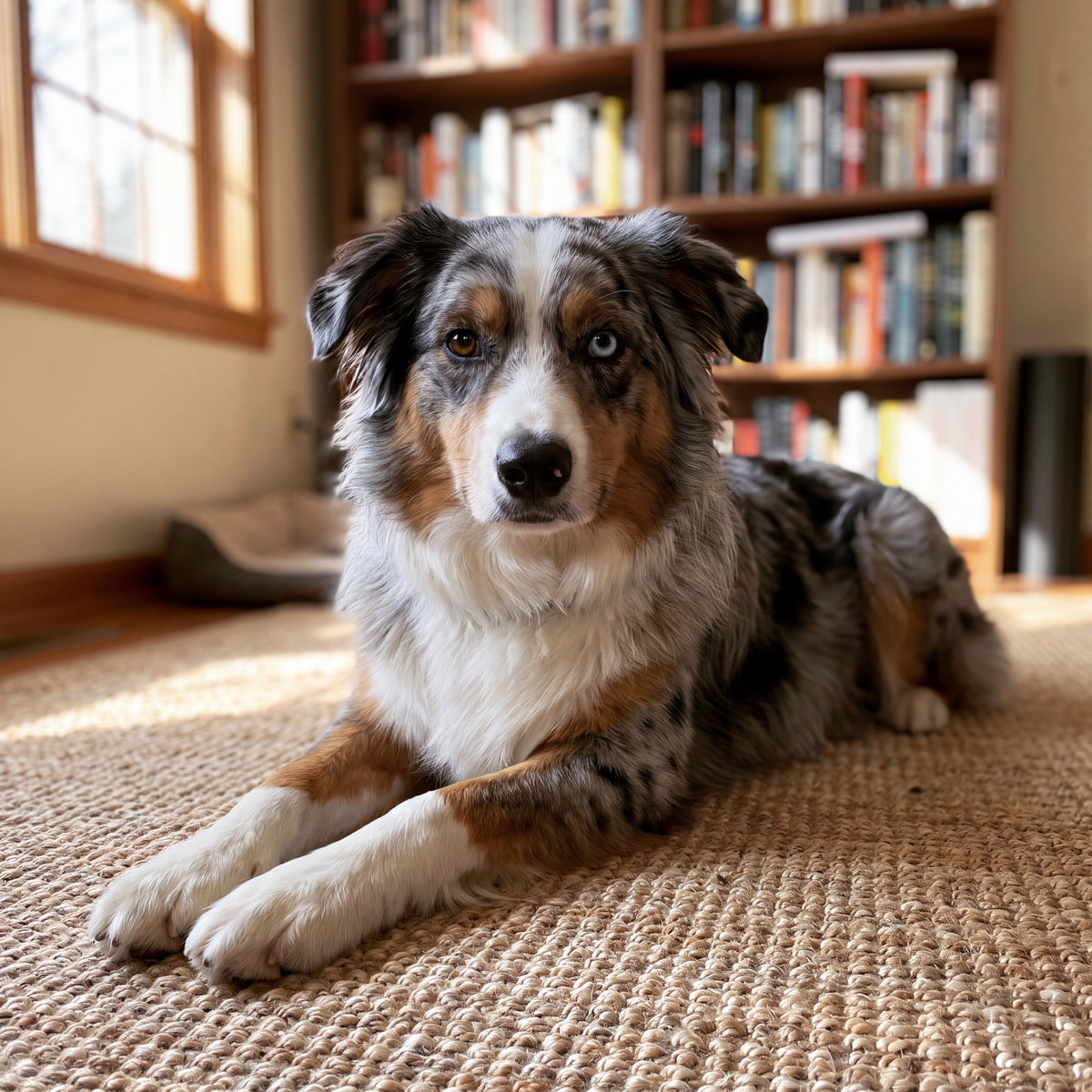 Handyfoto: Australian Shepherd auf dem Teppich (Vorher)