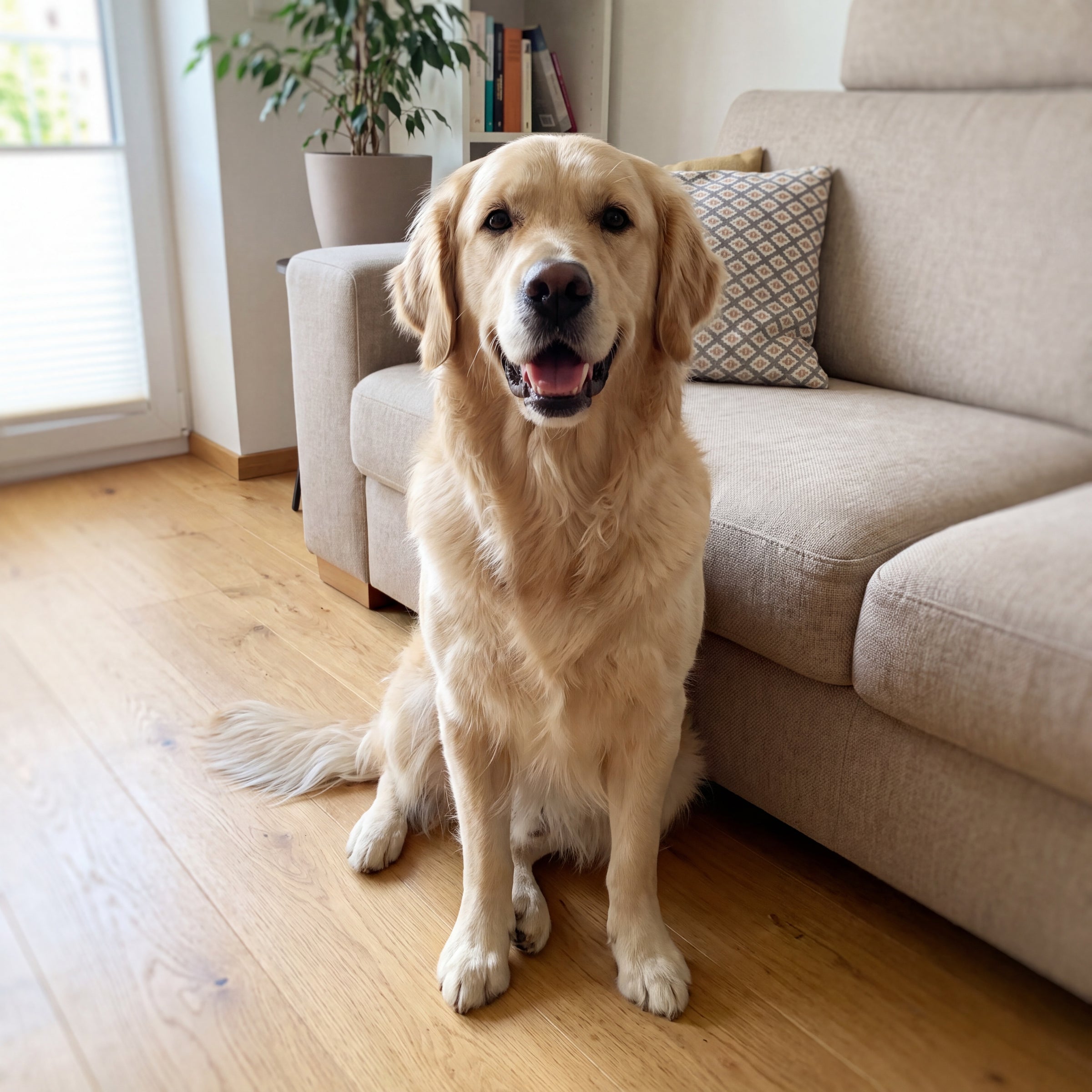Handyfoto: Golden Retriever sitzt im Wohnzimmer (Vorher)