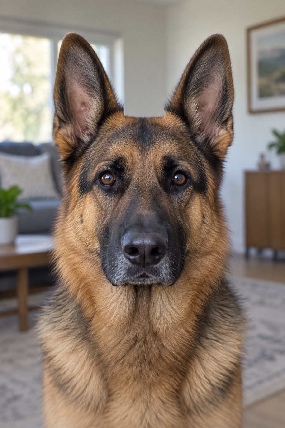 Handyfoto: Deutscher Schaeferhund im Wohnzimmer (Vorher)