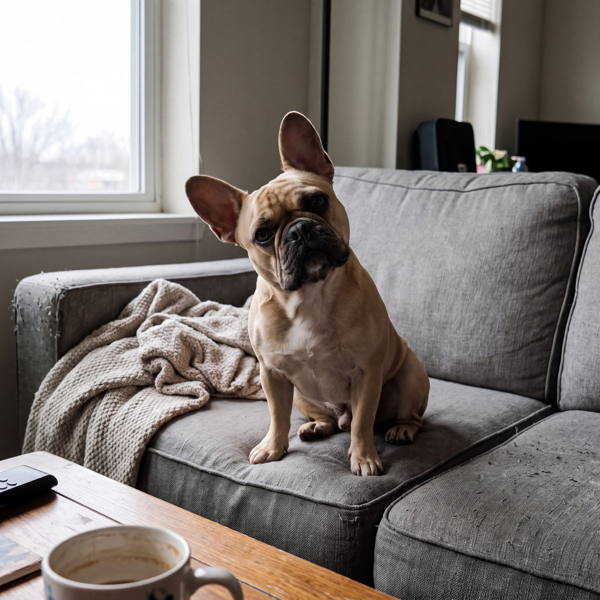 Handyfoto: Französische Bulldogge auf dem Sofa (Vorher)