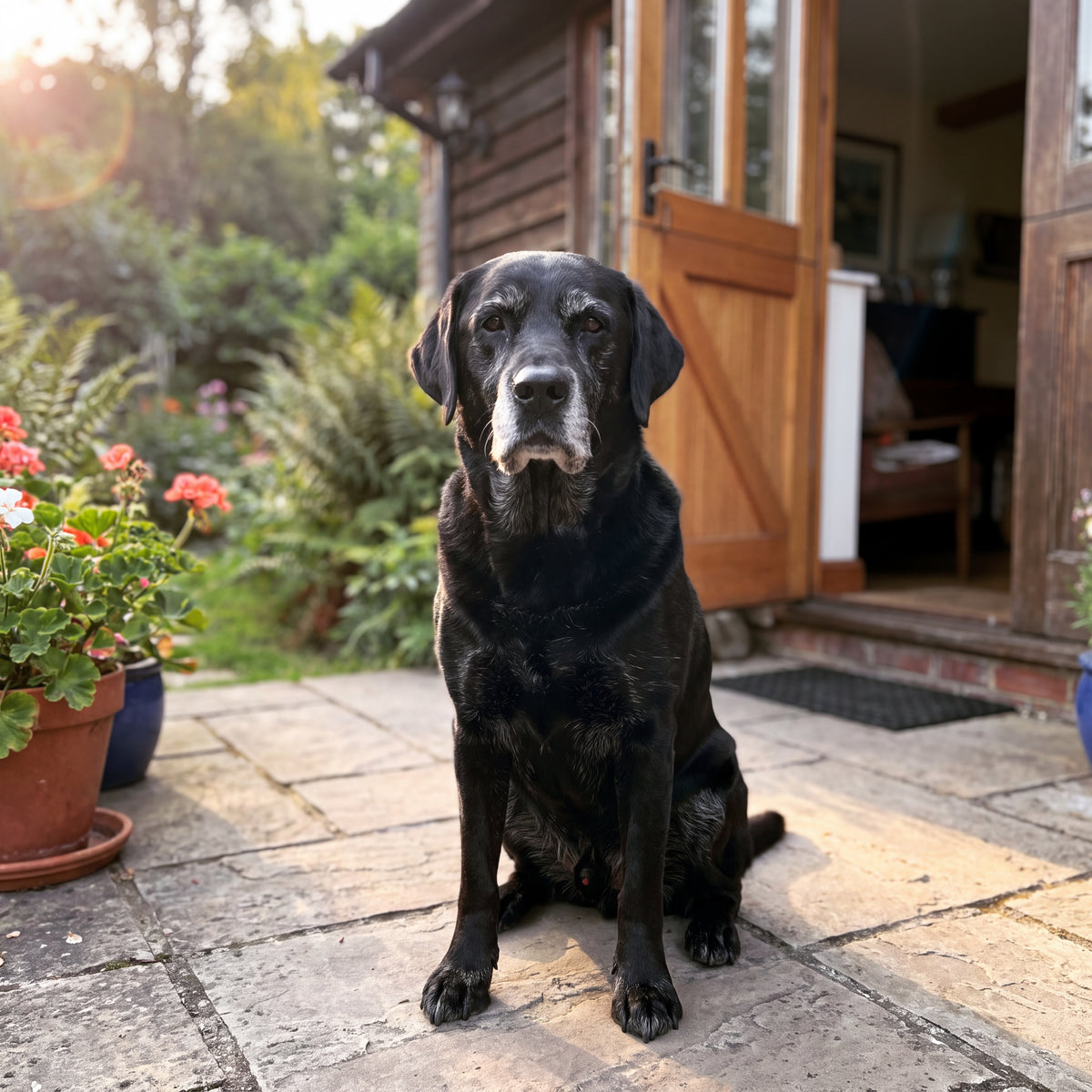 Handyfoto: alter schwarzer Labrador auf der Terrasse (Vorher)