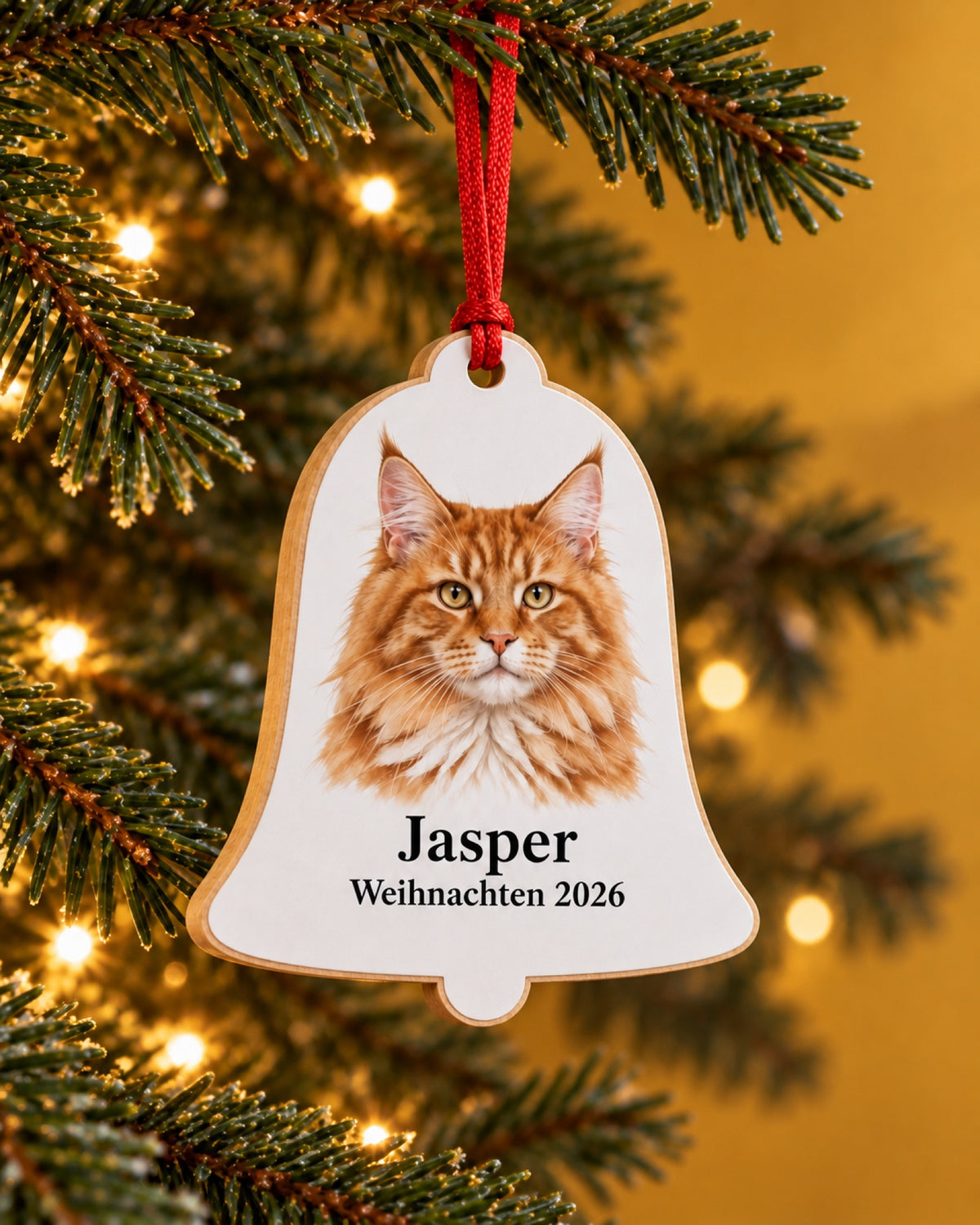Baumschmuck aus Holz als Glocke mit Maine Coon Jasper an einem dunkelgrünen Tannenzweig vor einer goldgelben Wand