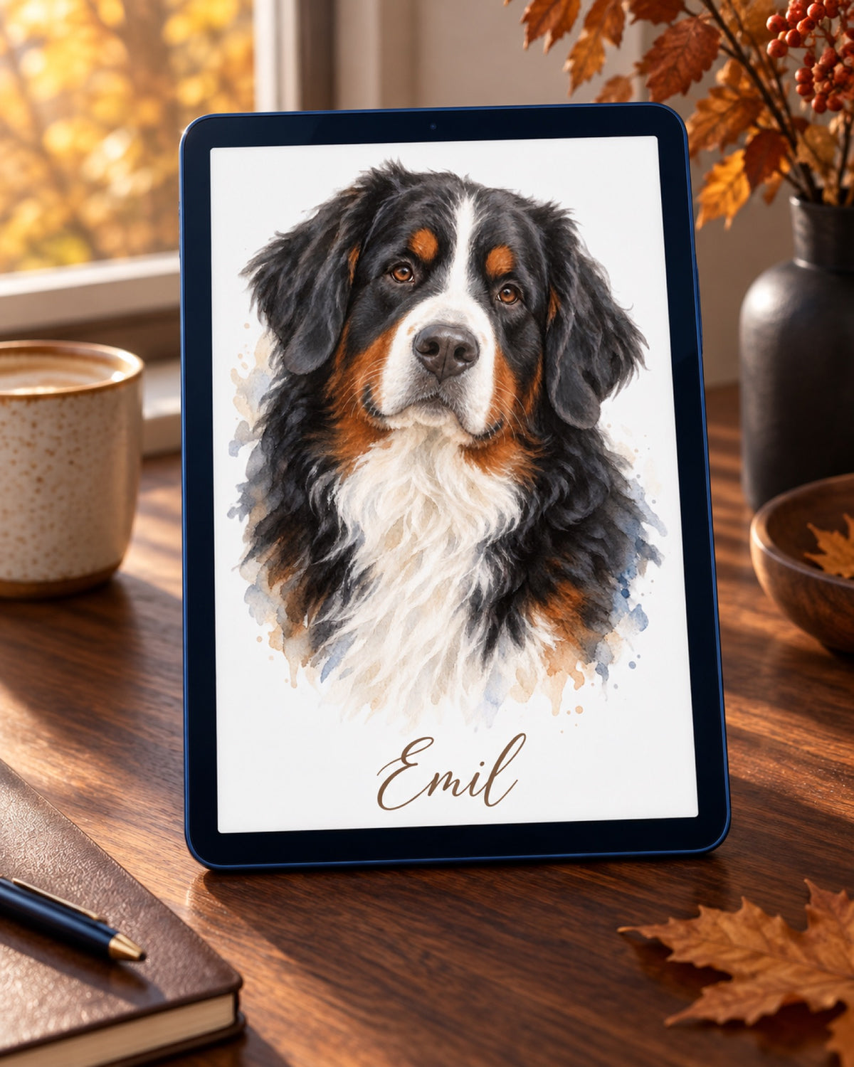 Digitales Tierportrait mit Berner Sennenhund im Aquarell Stil und Namen Emil als Beispiel auf einem tiefblauen Tablet auf einem dunklen Walnussschreibtisch bei Herbstlicht