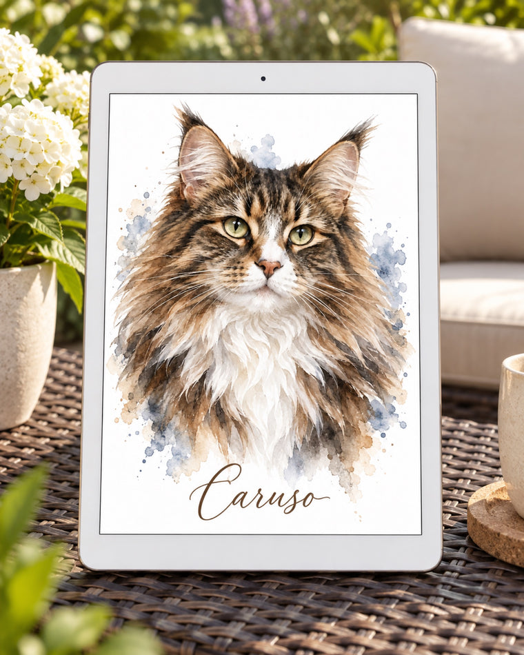 Digitales Tierportrait mit Maine Coon im Aquarell Stil und Namen Caruso als Beispiel auf einem weißen Tablet auf einer dunklen Rattanbank im Sommergarten