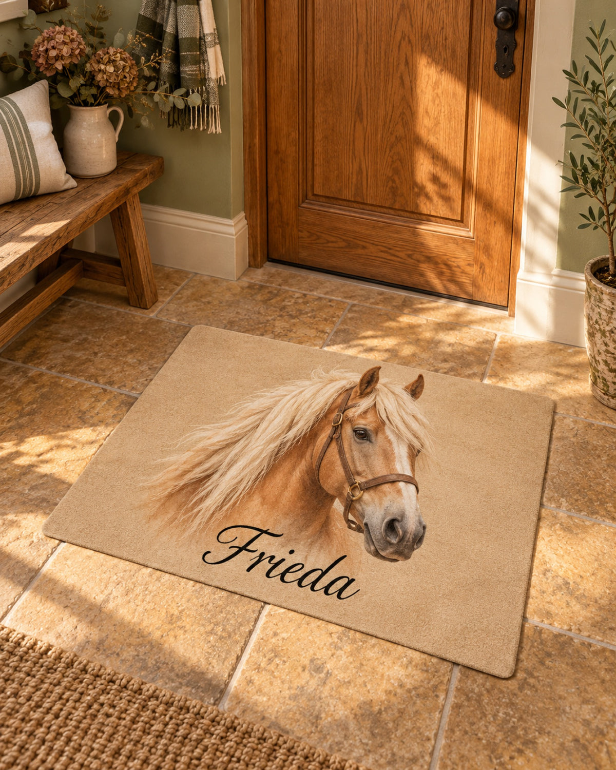 Sandfarbene Fußmatte mit Haflinger Frieda im herbstlichen Landhaus Eingang