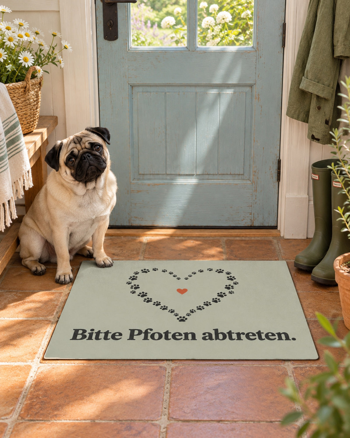 Salbeifarbene Fußmatte Bitte Pfoten abtreten mit Mops Otto im sommerlichen Landhaus