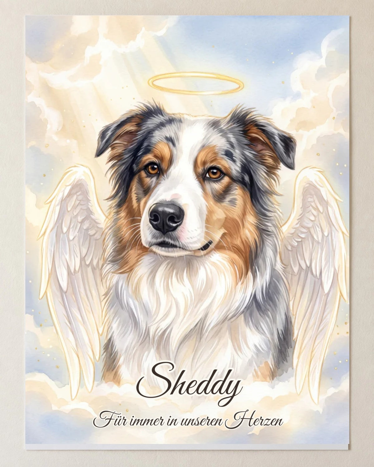Portrait souvenir Ange en poster, format portrait : le chien Sheddy avec des ailes d'ange et une auréole devant un ciel clair, avec son nom