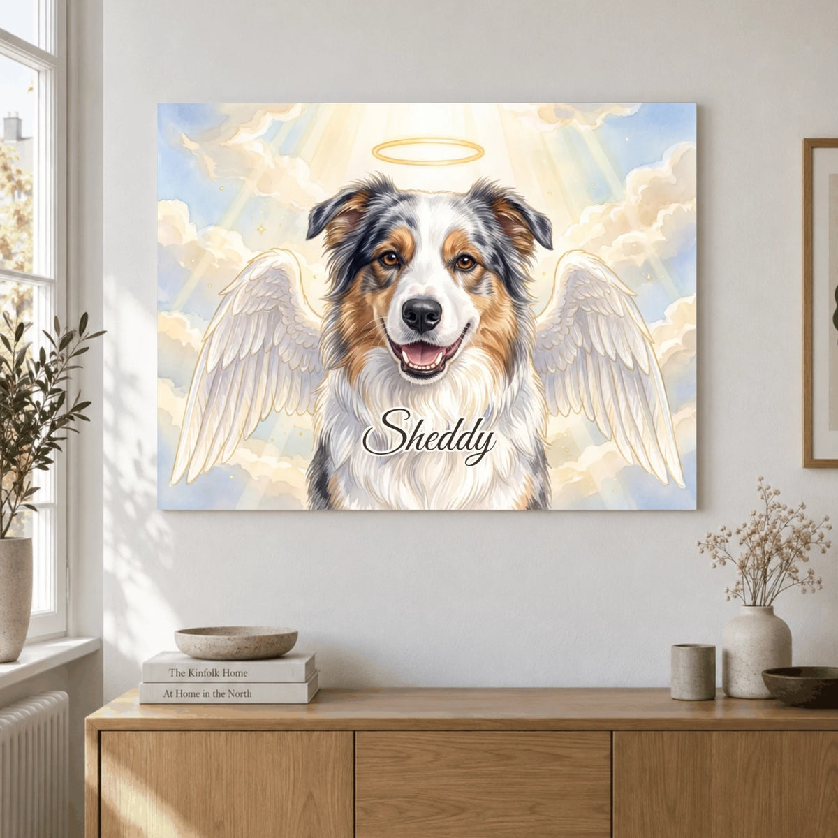 Portrait souvenir Ange en poster au format paysage au mur : le chien Sheddy avec des ailes d'ange et une auréole, avec son nom