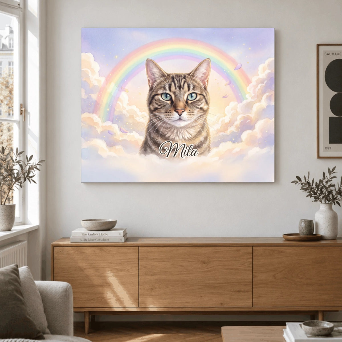 Gedenkportrait Regenbogenbrücke auf Leinwand im Wohnzimmer: Katze Mila unter einem Regenbogen in Wolken, mit Namen