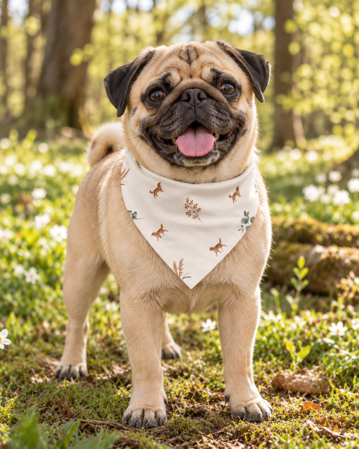 Mops mit cremefarbenem Halstuch mit Hunden und Eukalyptus auf einer sonnigen Waldlichtung im Frühling