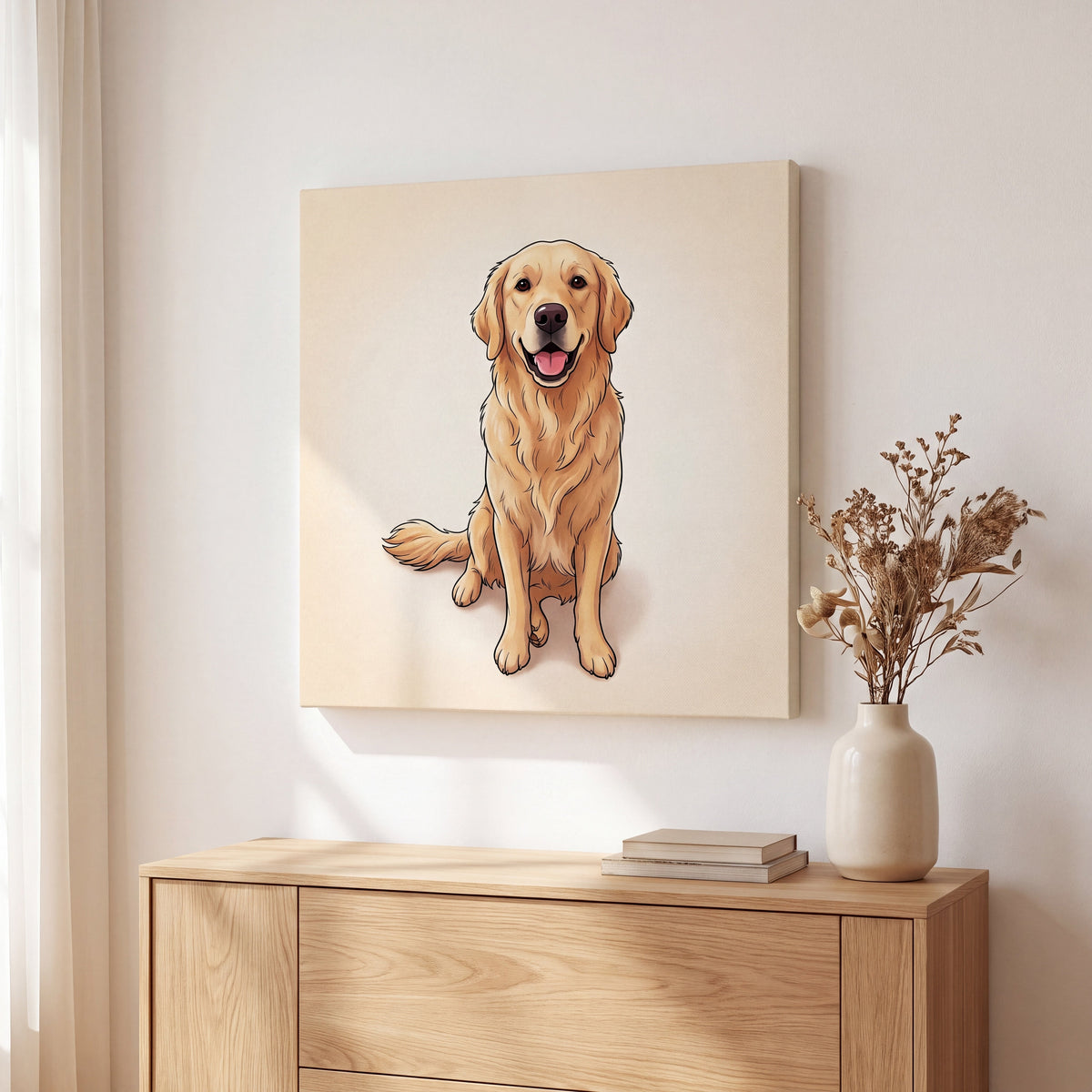 Golden Retriever als Cartoon-Portrait auf Leinwand über einem Sideboard