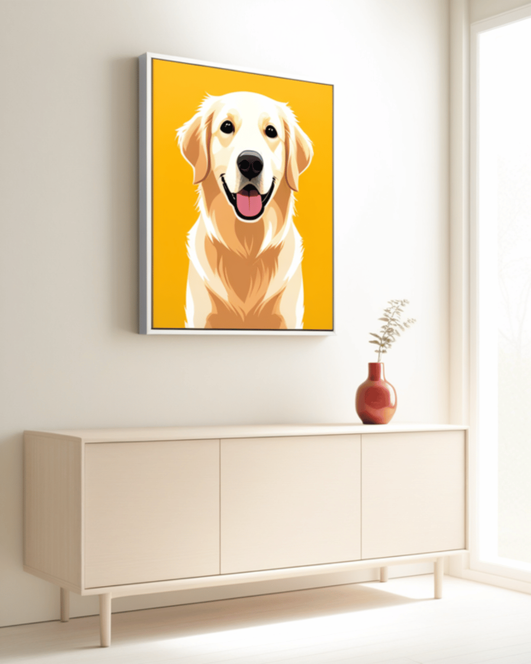 Golden Retriever als Cartoon-Portrait auf Leinwand über einem Sideboard