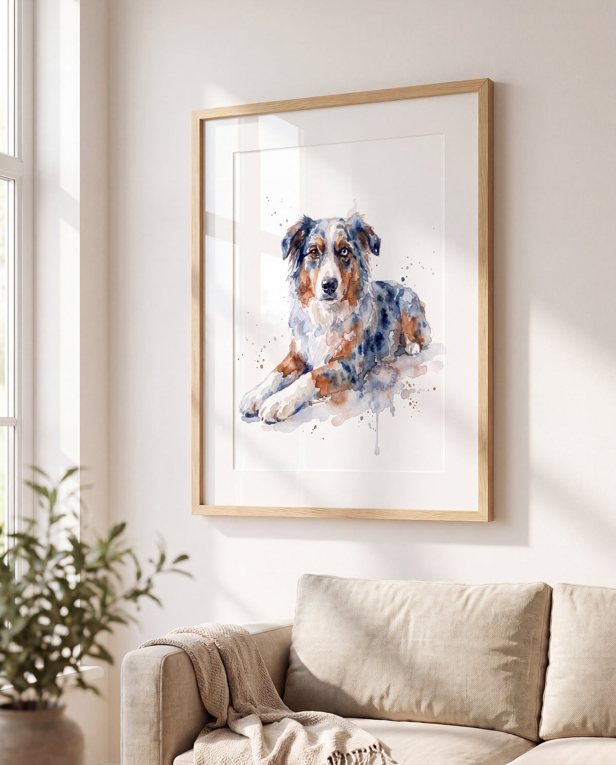 Aquarell-Portrait eines Australian Shepherds im Holzrahmen an der Wand