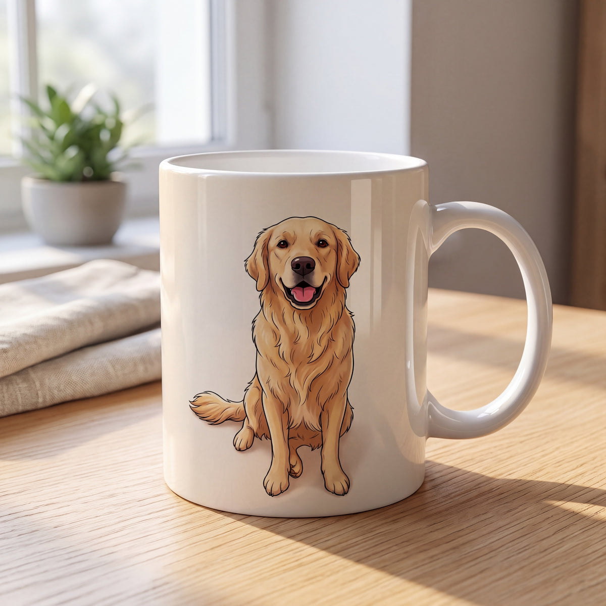Weiße Keramiktasse mit Cartoon-Portrait eines Golden Retrievers auf einem Holztisch