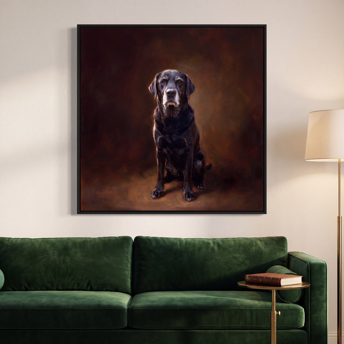 Ölgemälde-Portrait eines schwarzen Labradors als Leinwand über einem grünen Sofa