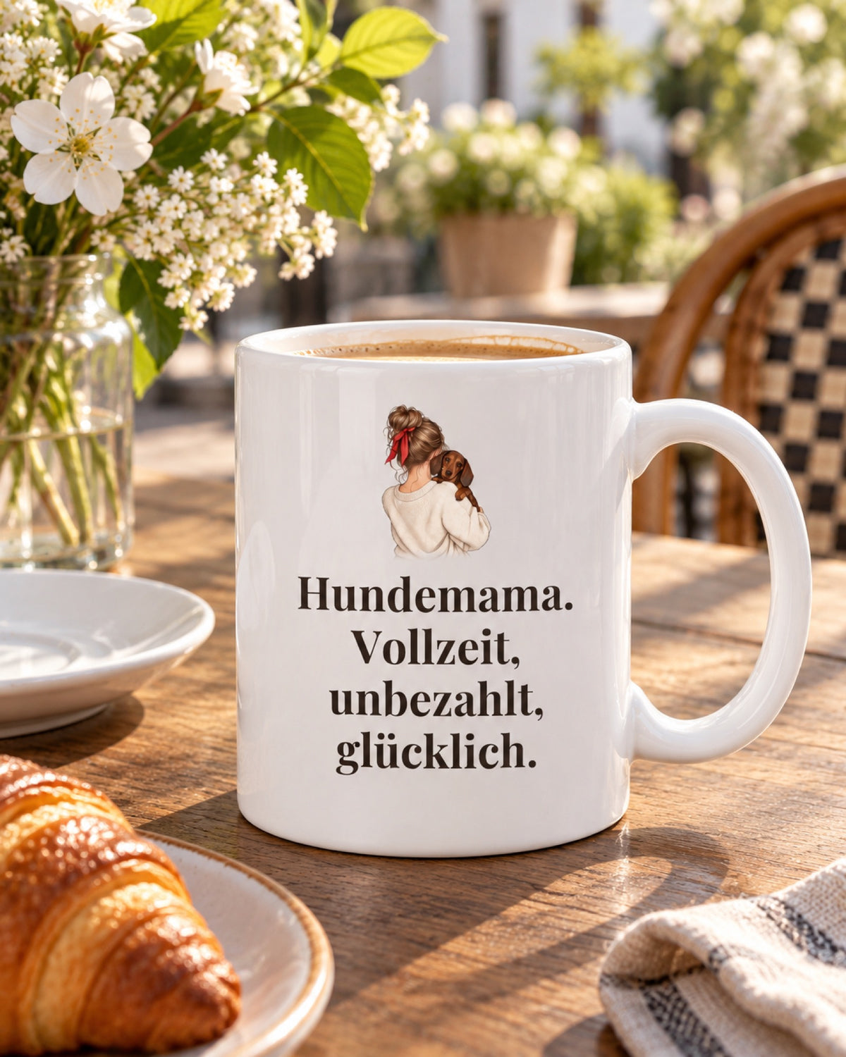Weiße Keramiktasse Hundetasse mit Spruch: Hundemama. Vollzeit, unbezahlt, glücklich. auf einem Cafétisch im Frühling