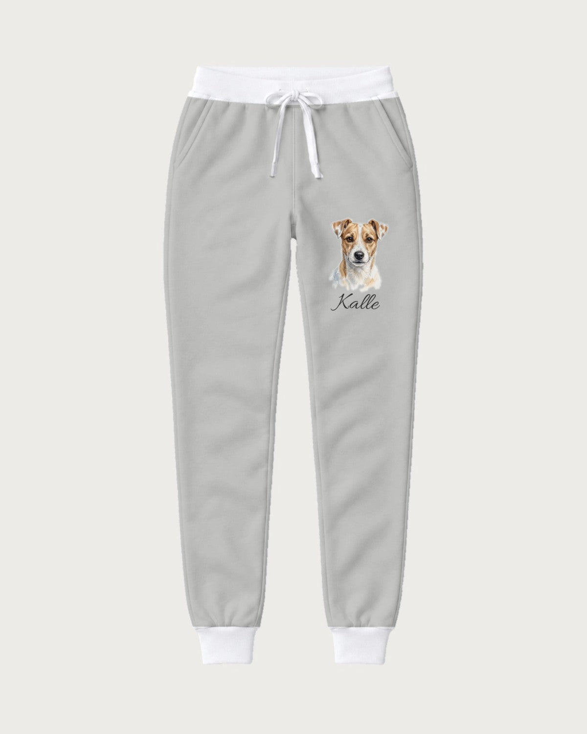 Jogginghose hellgrau mit Hundeportrait und Namen: Ansicht der ganzen Hose