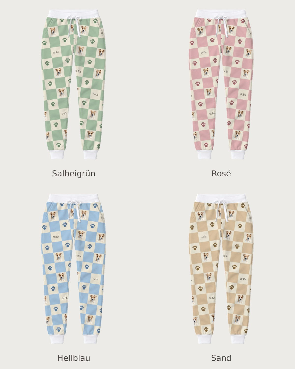 Pantalón de chándal de cuadros con perro: comparación de los cuatro colores
