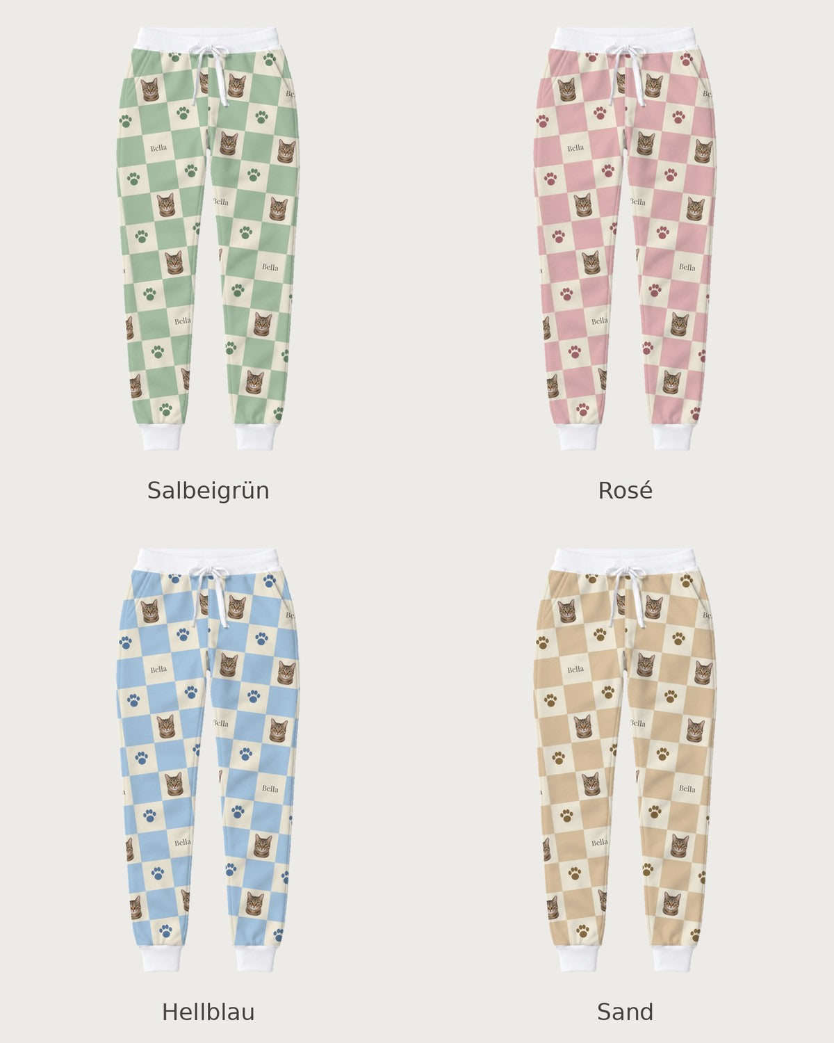 Pantalón de chándal de cuadros con gato: comparación de los cuatro colores