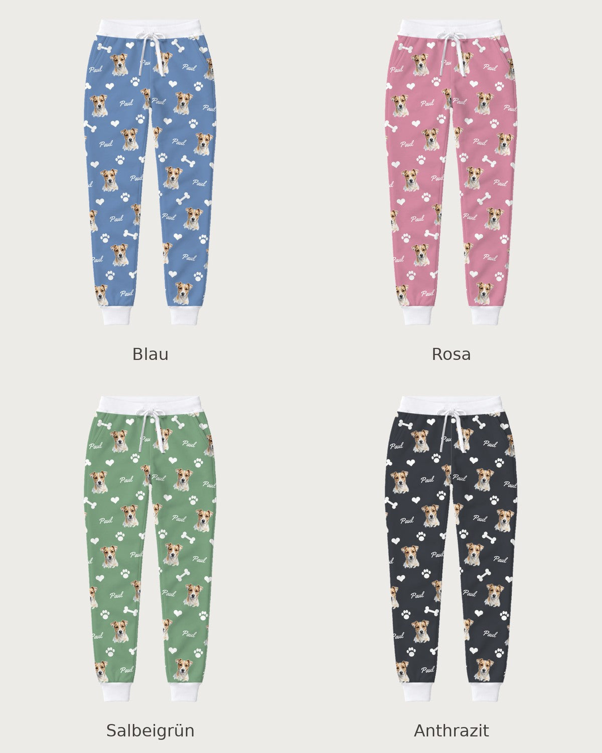 Pantalon de jogging avec visages de chiens : comparaison des quatre couleurs