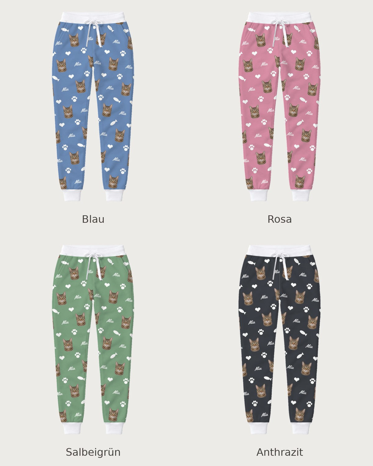 Joggingbroek met kattengezichten: alle vier de kleuren naast elkaar