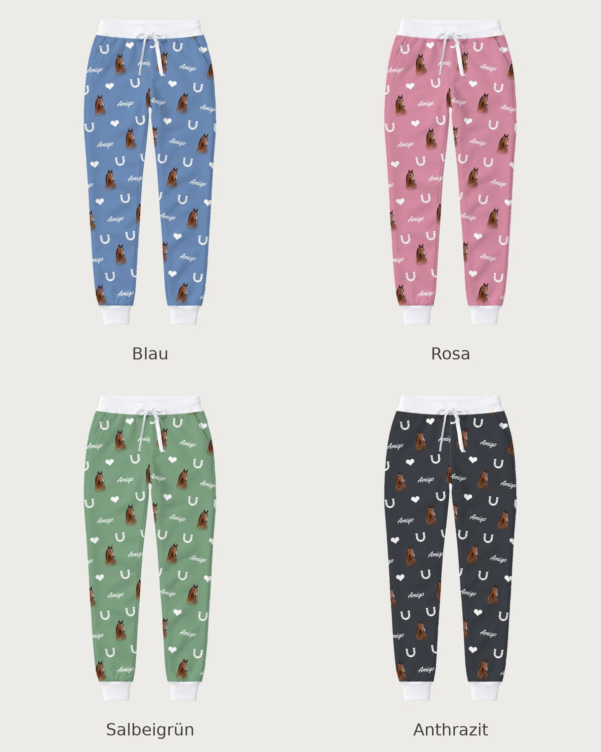 Joggingbroek met paardenkoppen: alle vier de kleuren naast elkaar