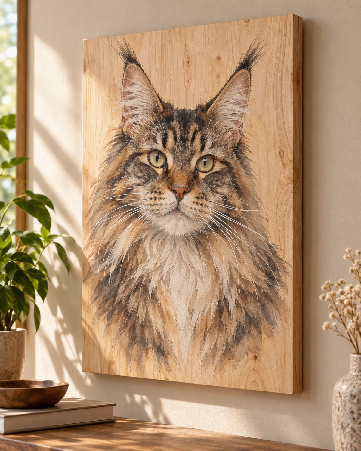 Katzenportrait auf Holz: Maine Coon mit dem Namen Mia