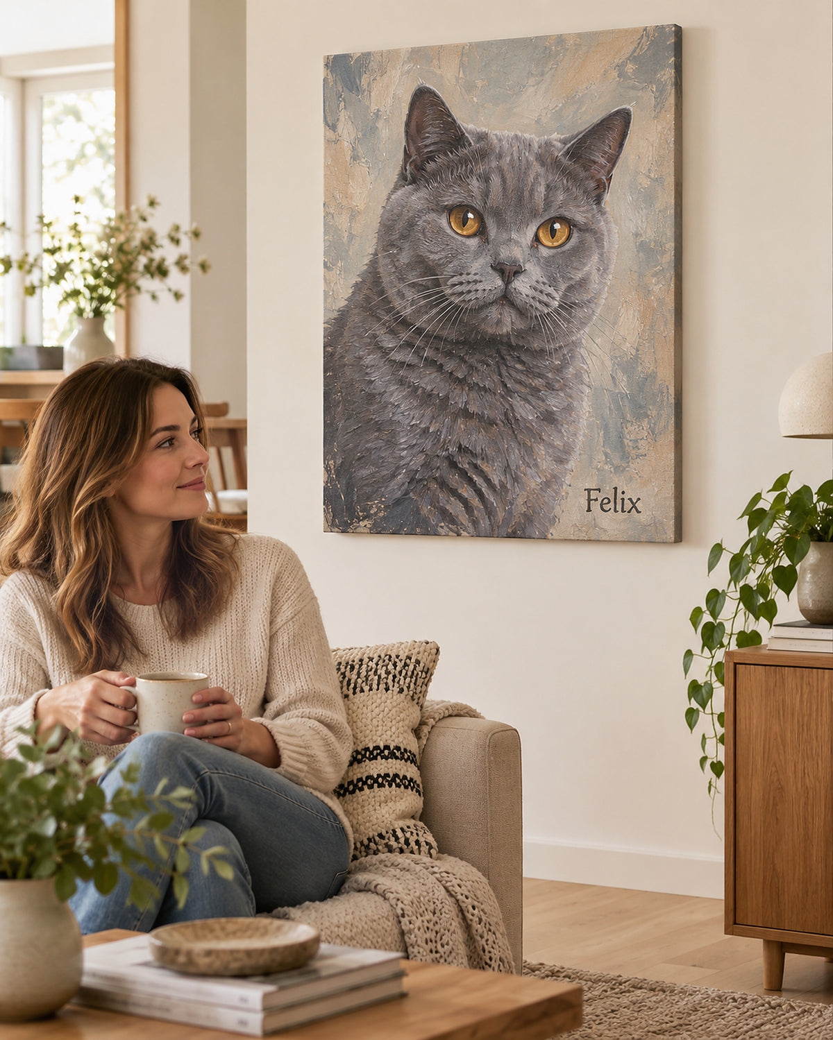 Katzenportrait auf Leinwand im Wohnzimmer, Britisch Kurzhaar mit dem Namen Felix