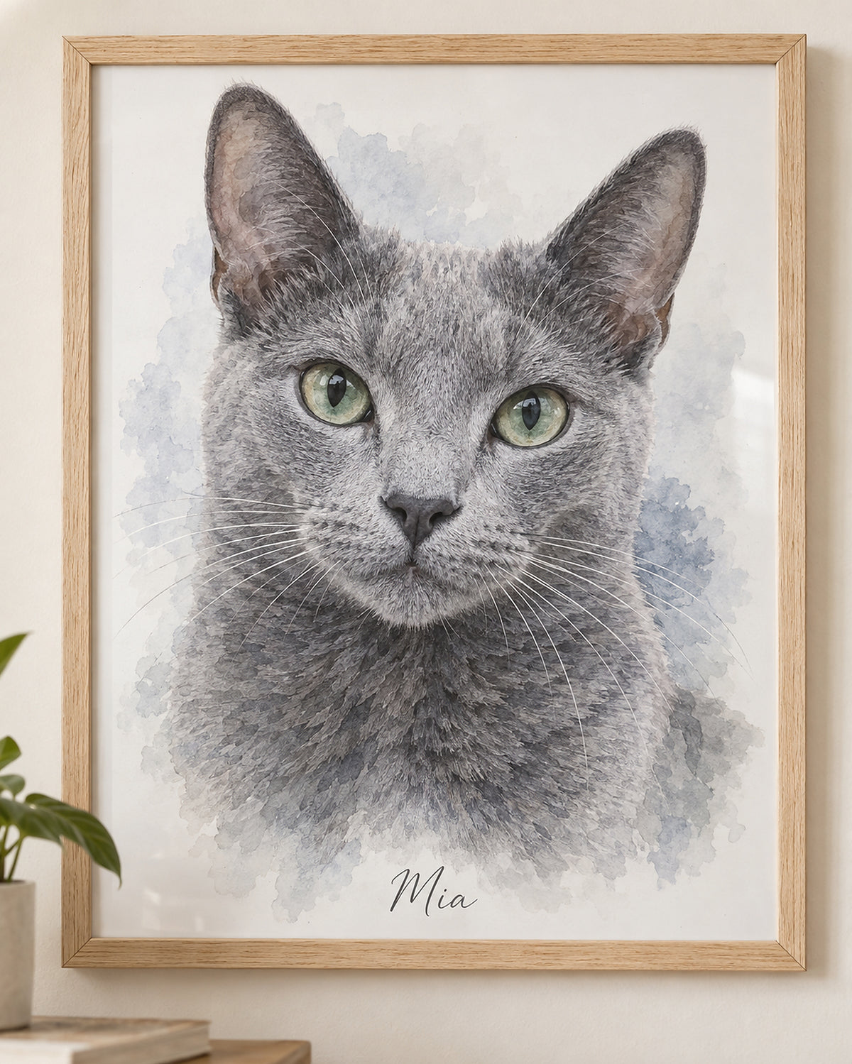 Katzenportrait im Holzrahmen: Russisch Blau mit dem Namen Mia