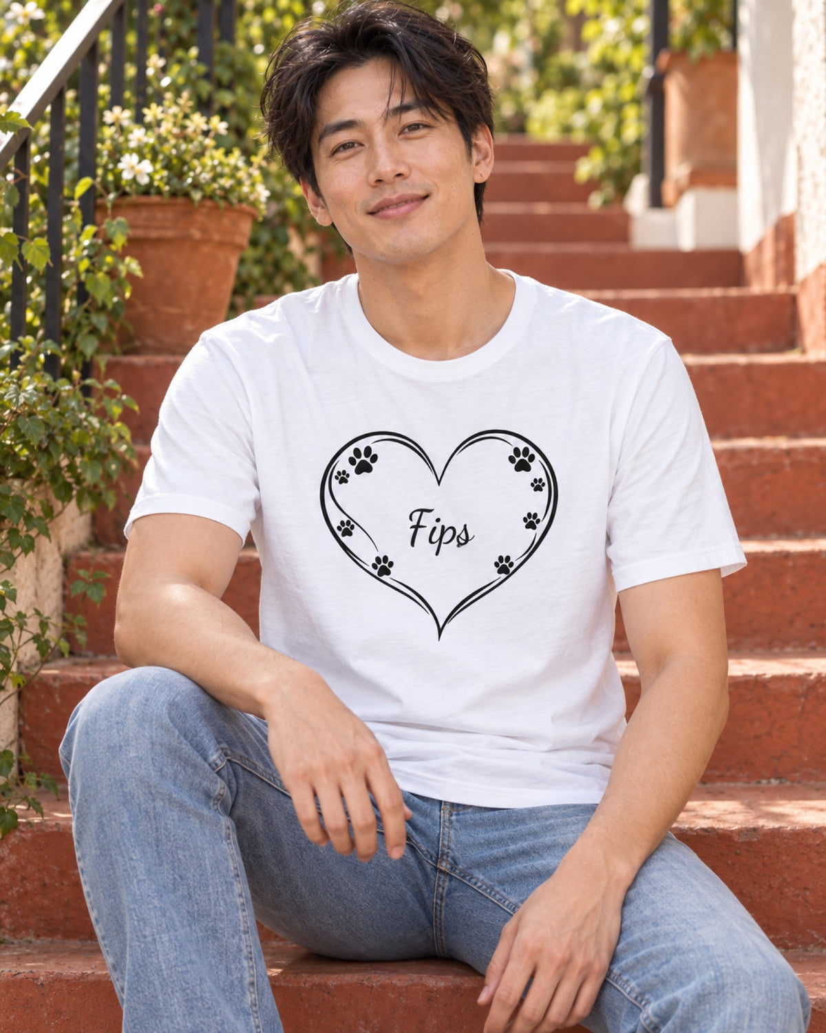 Mann im weißen T-Shirt mit Pfotenherz und Beispielname Fips an einer rostroten Sommertreppe