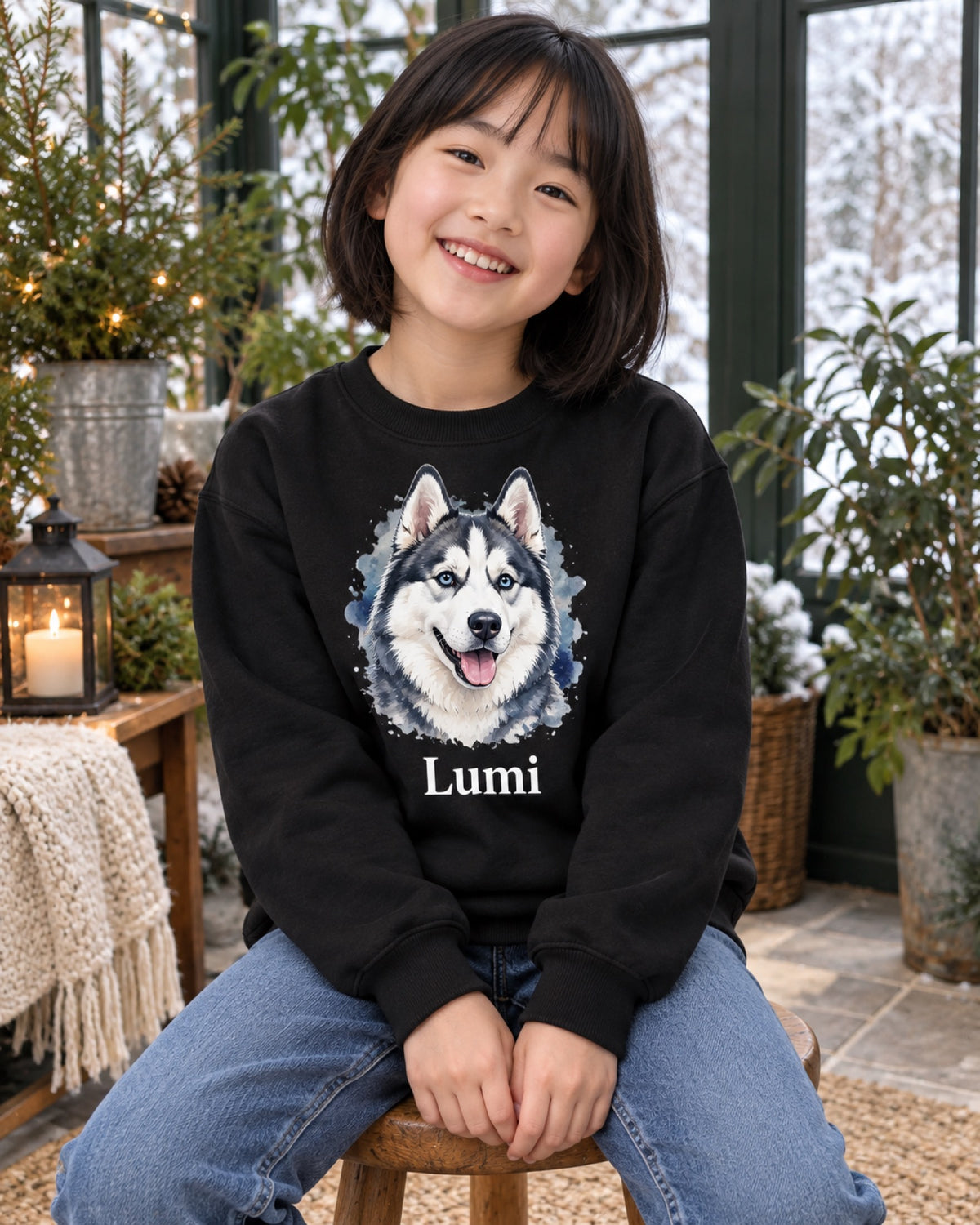 Mädchen im schwarzen Kinder-Sweatshirt mit Husky Lumi als Aquarellportrait im Wintergarten
