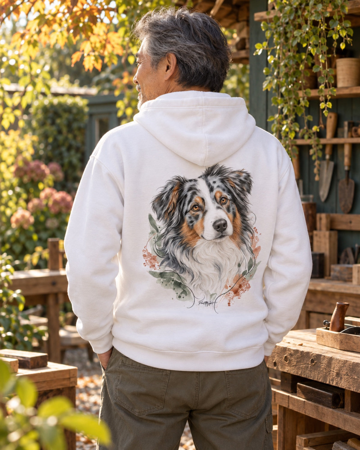 Rückenansicht eines weißen PrintMyPet Edition Hund Hoodies mit festem Australian-Shepherd-Motiv im Herbstgarten