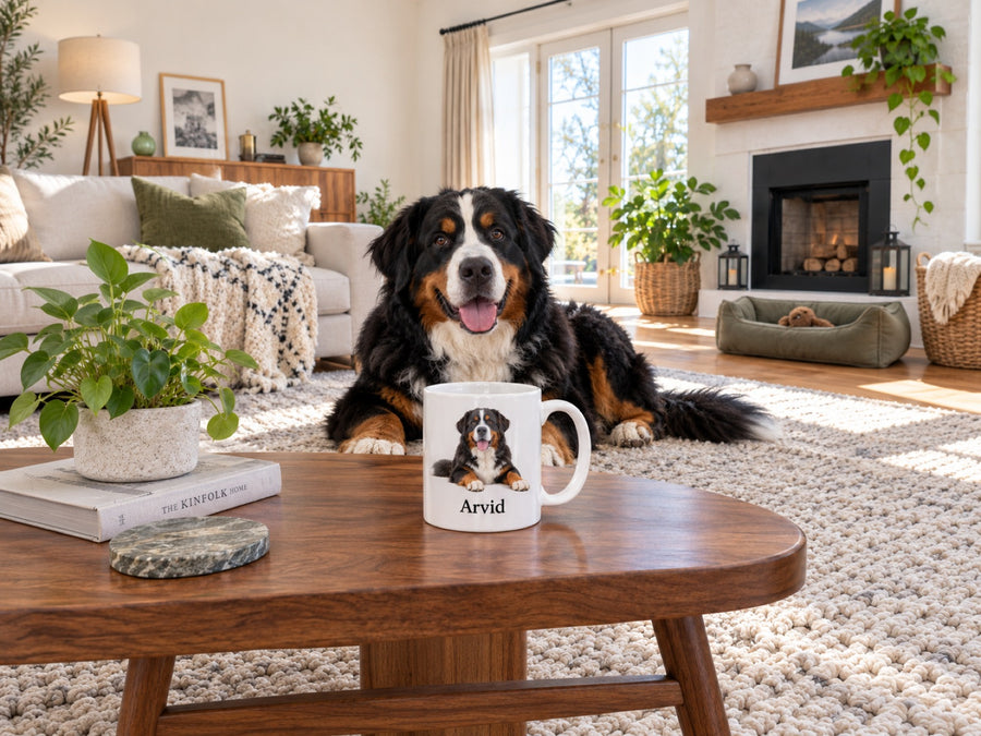 Berner Sennenhund neben Tasse mit seinem Portrait und Namen Arvid
