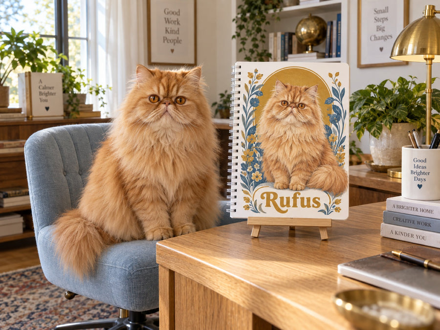 Perserkatze neben Notizbuch mit ihrem Portrait und Namen Rufus