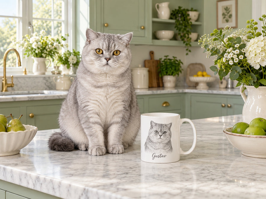 Britisch-Kurzhaar-Katze neben Tasse mit ihrem Portrait in der Küche
