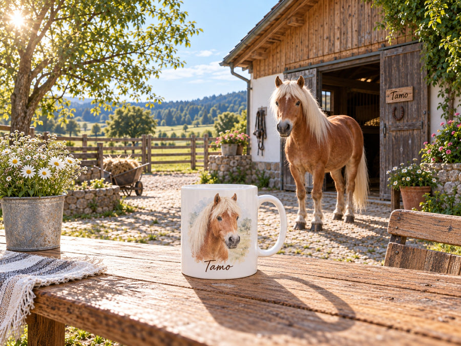 Tasse mit Haflinger-Portrait und Namen Tamo vor dem Stall