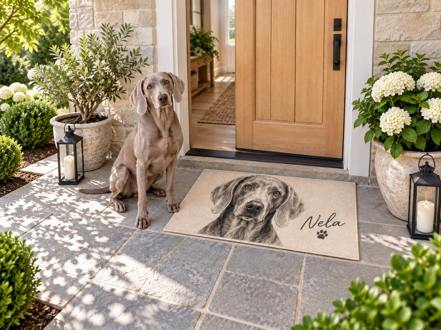 Fußmatte mit Weimaraner als Bleistiftzeichnung und Namen Nela vor der Haustür